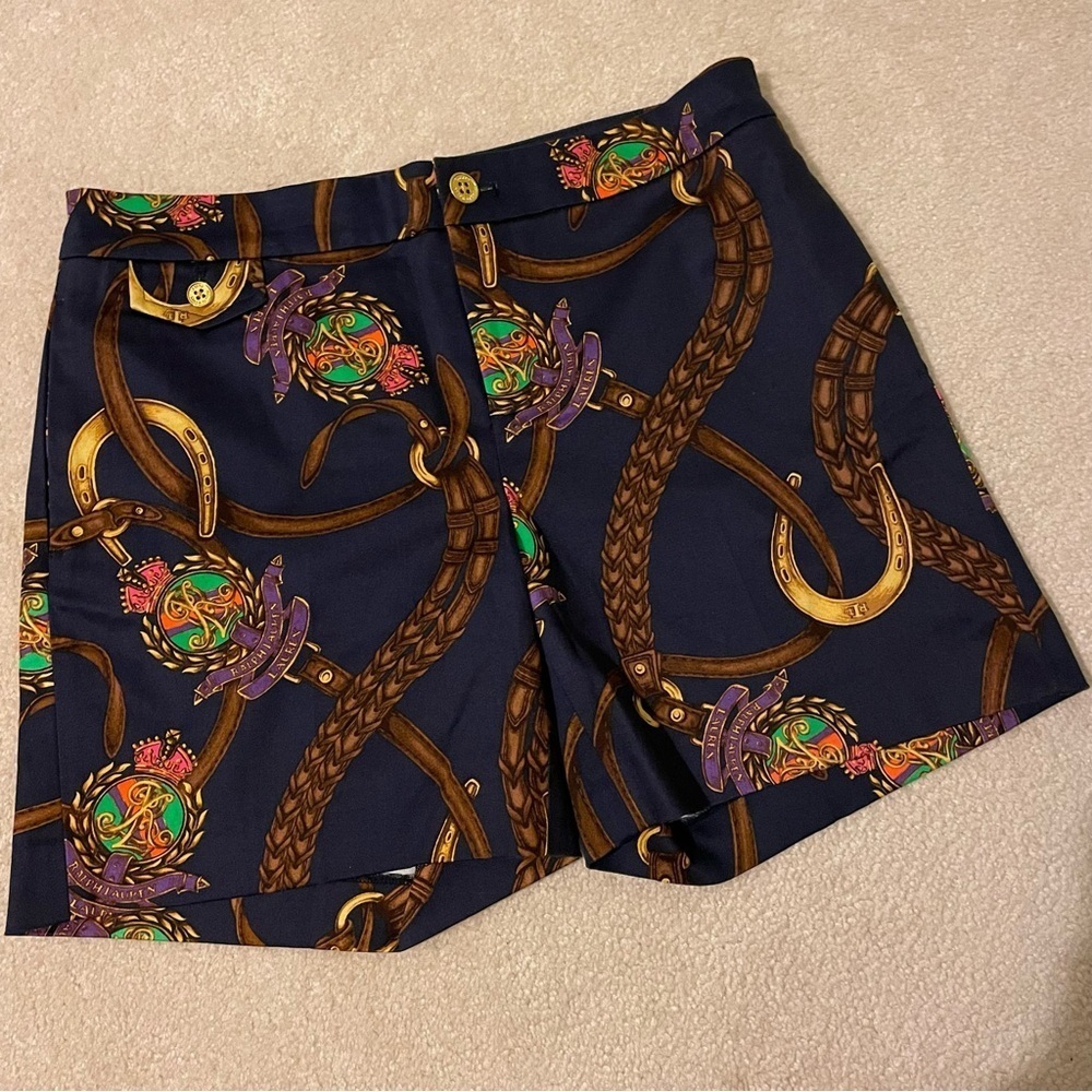 Lauren Ralph Lauren Navy Equestrian Print Shorts with Gold & Brown Accents